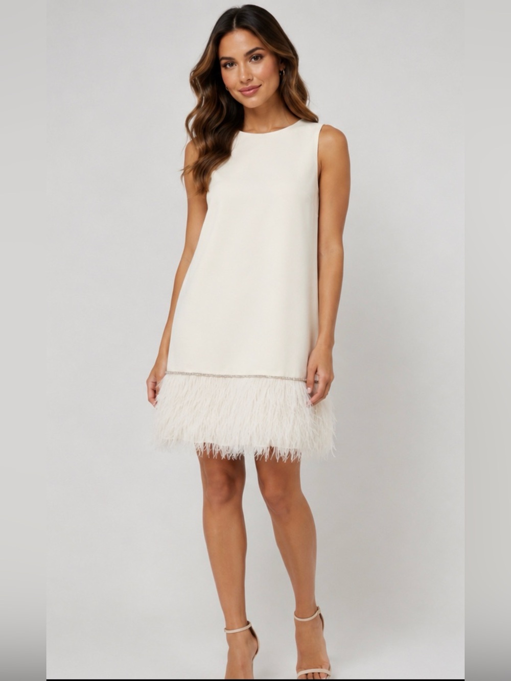Taheri Sleeveless Round Neck Feather-Hem Shift Dress in Cream Size 10